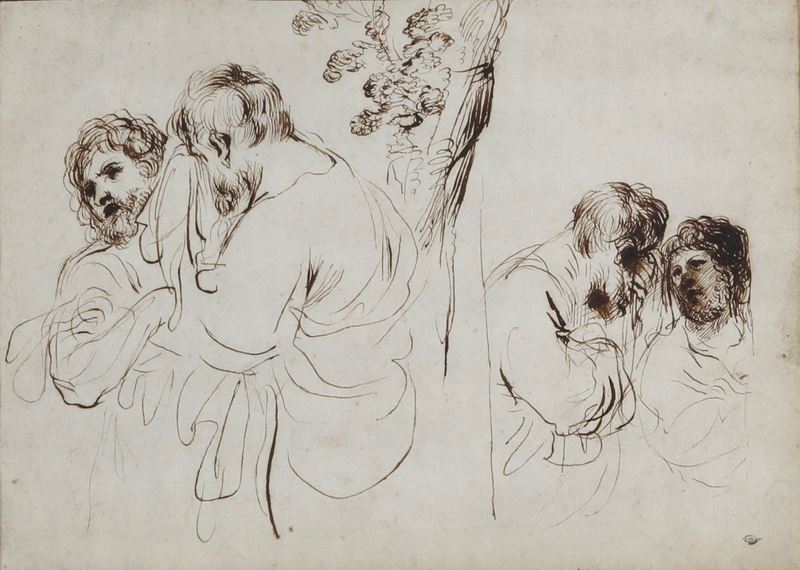 Giovanni Francesco Barbieri detto il Guercino : Studio di quattro figure in un paesaggio  - penna e inchiostro bruno su carta - Asta Disegni Antichi - I - Cambi Casa d'Aste