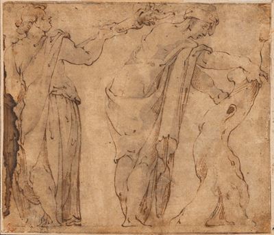 Scuola romana del XVI secolo, Due figure con fiaccola e tronco d'albero, penna, inchiostro bruno ...