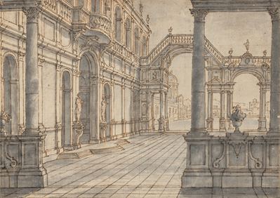 Scuola del XVIII secolo, Capriccio architettonico - penna, inchiostro bruno e acquerello grigio s...