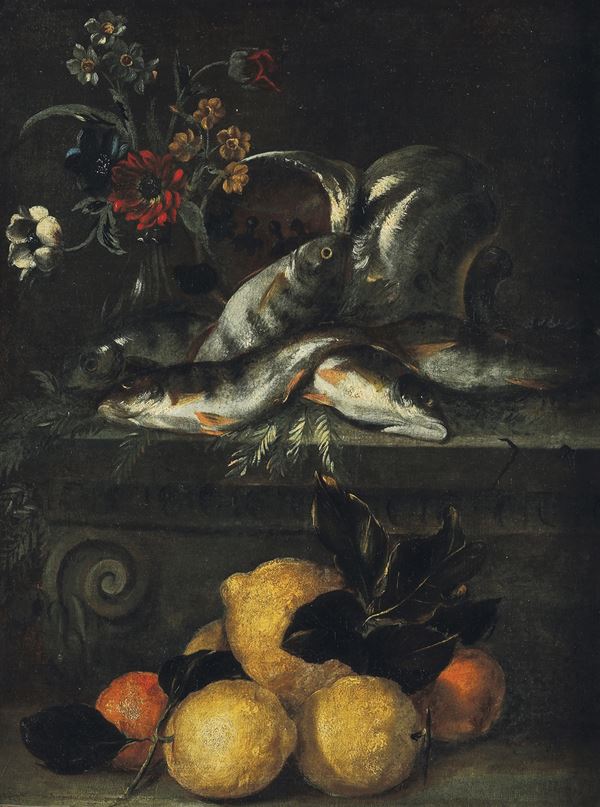 Giuseppe Recco - Natura in posa con pesci, fiori e agrumi