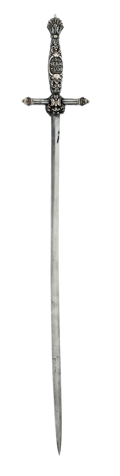Spada di San Sebastiano, oreficeria italiana (Napoli?), XVIII secolo, argento fuso, sbalzato e ce...