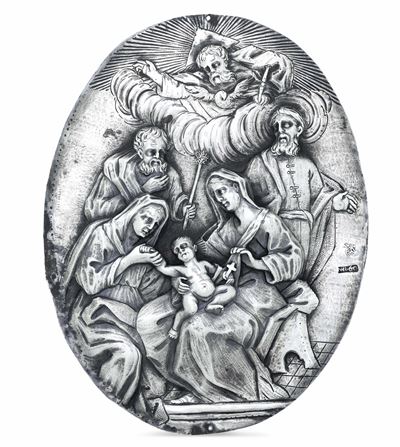 Oreficeria barocca siciliana, Placca in argento con Madonna con Bambino e santi