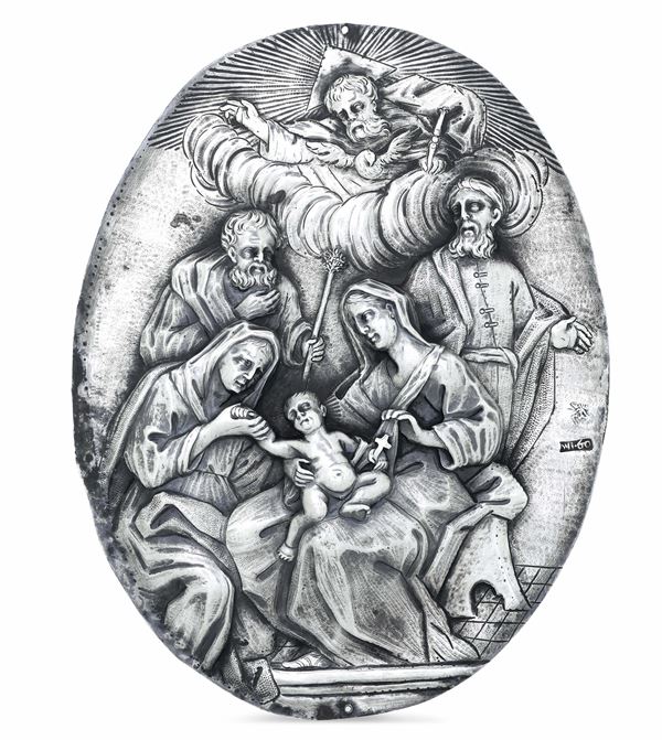 Placca raffigurante Madonna con Bambino, San Giuseppe, Sant'Anna, Dio Padre e San Giovanni da Arimatea. Oreficeria barocca siciliana, Messina, marchio consolare per l'anno 1860
