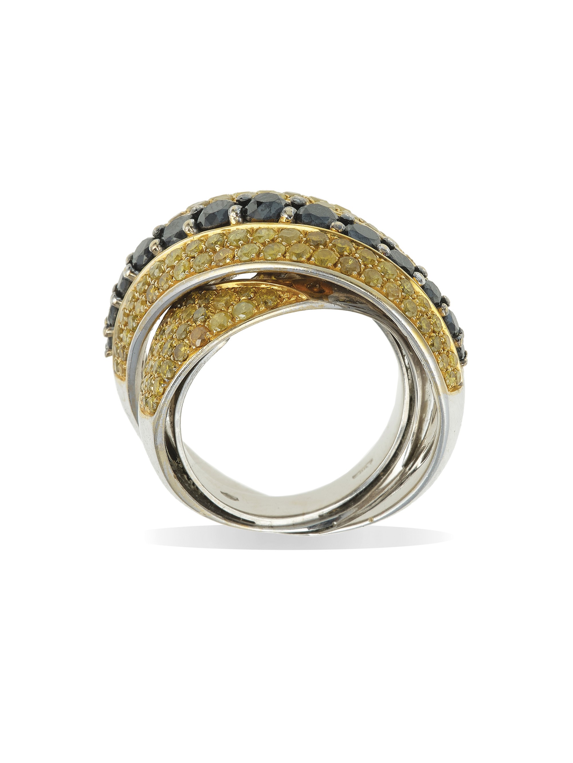 Anello a fascia in oro bianco 750/1000 con diamanti neri e gialli
