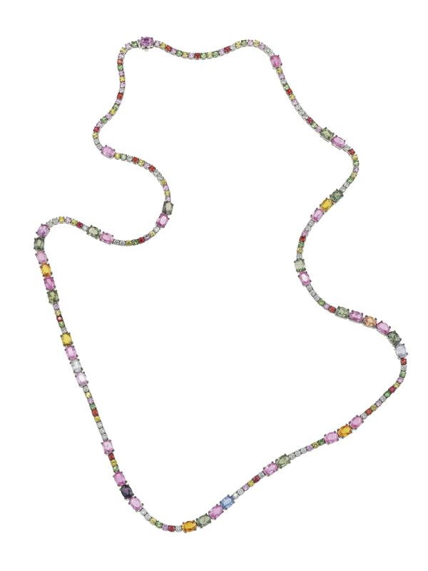 Multi-colored sapphire and diamond sautoir