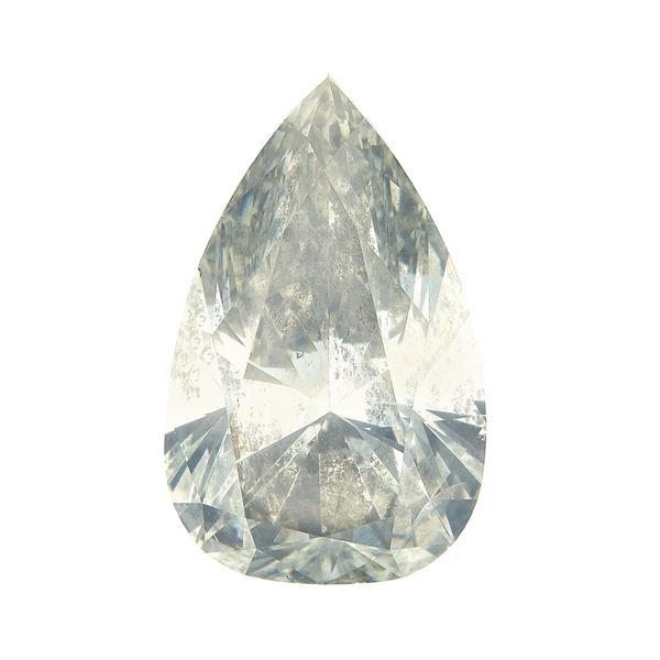Pear-cut diamond weighing 3.05 carats, fancy gray-yellowish green, clarity I1, fluorescence UV strong blue. Gemmological Report GIA n. 5201098652