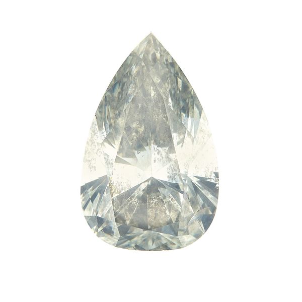 Diamante fancy gray-yellowish green, taglio goccia, di ct 3.05, clarity I1, fluorescenza UV forte blu