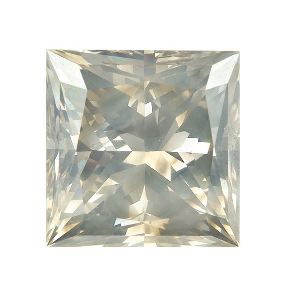 Diamante fancy greenish brown, taglio rettangolare a faccette e gradini, di ct 5.11, caratteristiche interne SI2, fluorescenza UV media