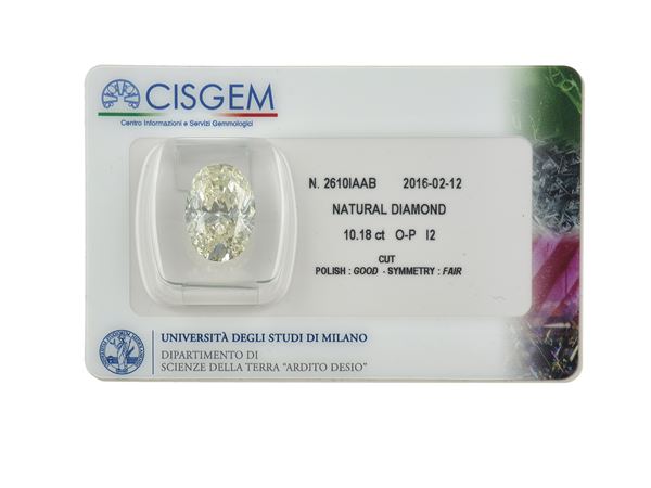 Oval brilliant-cut diamond weighing 10.18 carats, color O-P, clarity I2, fluorescence medium. Gemmological  [..]