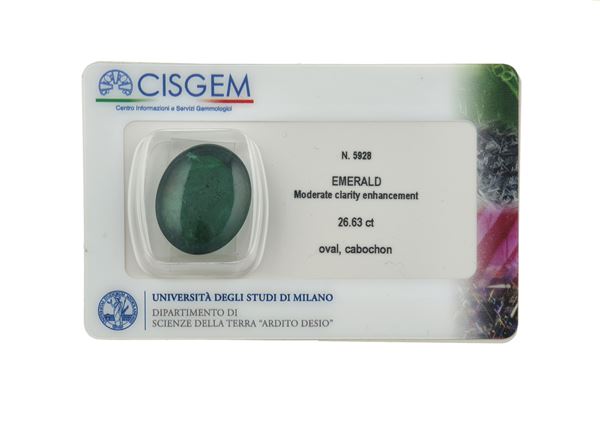 Emerald weighing 26.63 carats, moderate clarity enhancement. Gemmological Report CISGEM n. 5928