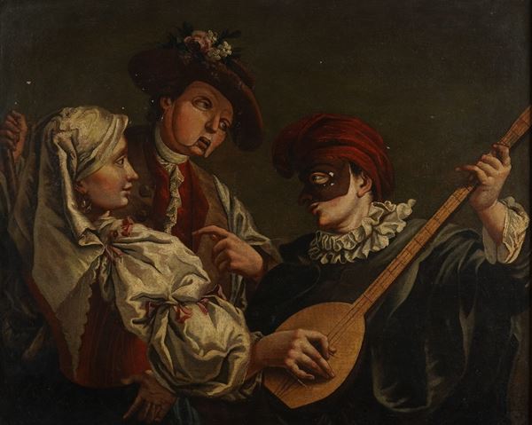 Scuola veneta del XVIII secolo Scena di genere con maschere