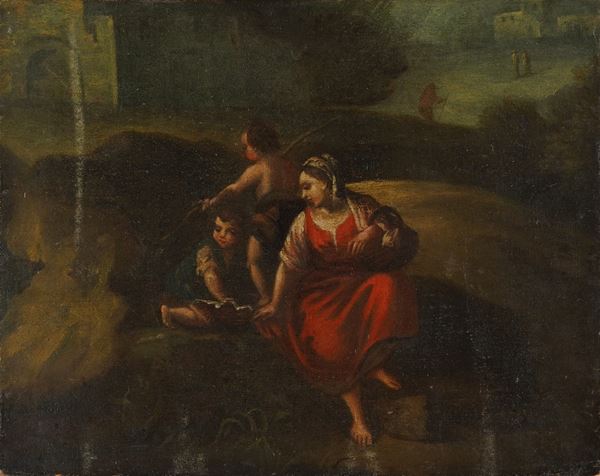 Scuola veneta del XVIII secolo Contadina con bambini in riva a un fiume