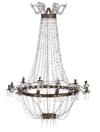 Lampadario Impero a Mongolfiera con Cristalli. XIX Secolo