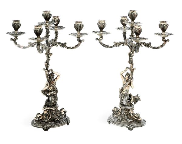 Coppia di candelabri. Argenteria milanese del XX secolo, argentiere Francesco Caputo