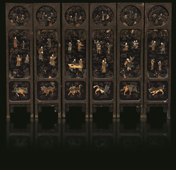 Six-leaf black lacquer background screen with gemstone inserts depicting scene of communal life, China, Qing Dynasty, 19th century
