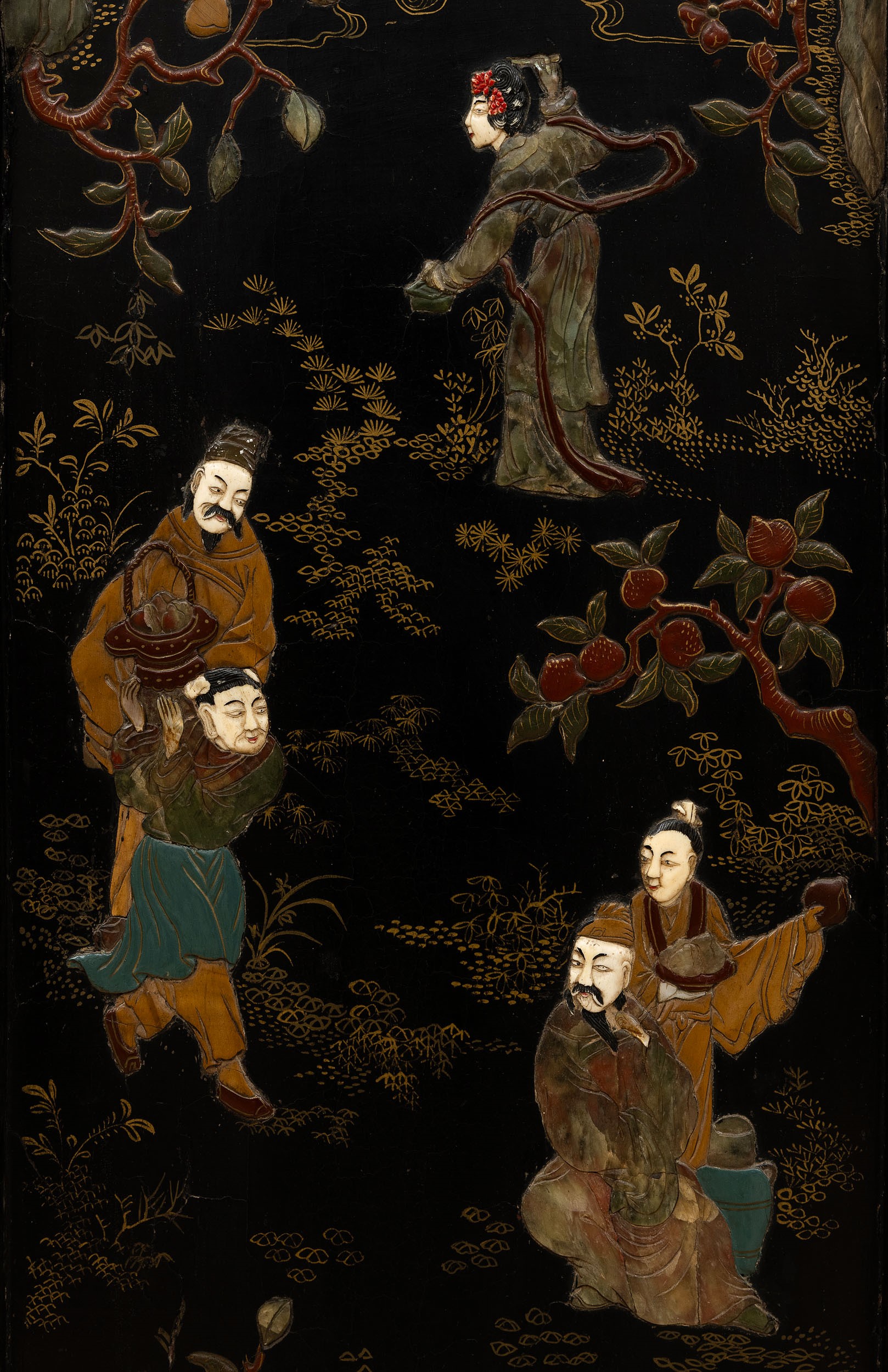 Paravento a Sei Ante a Fondo Nero in Lacca con Inserti in Pietre Dure Raffigurante Scena di Vita ...