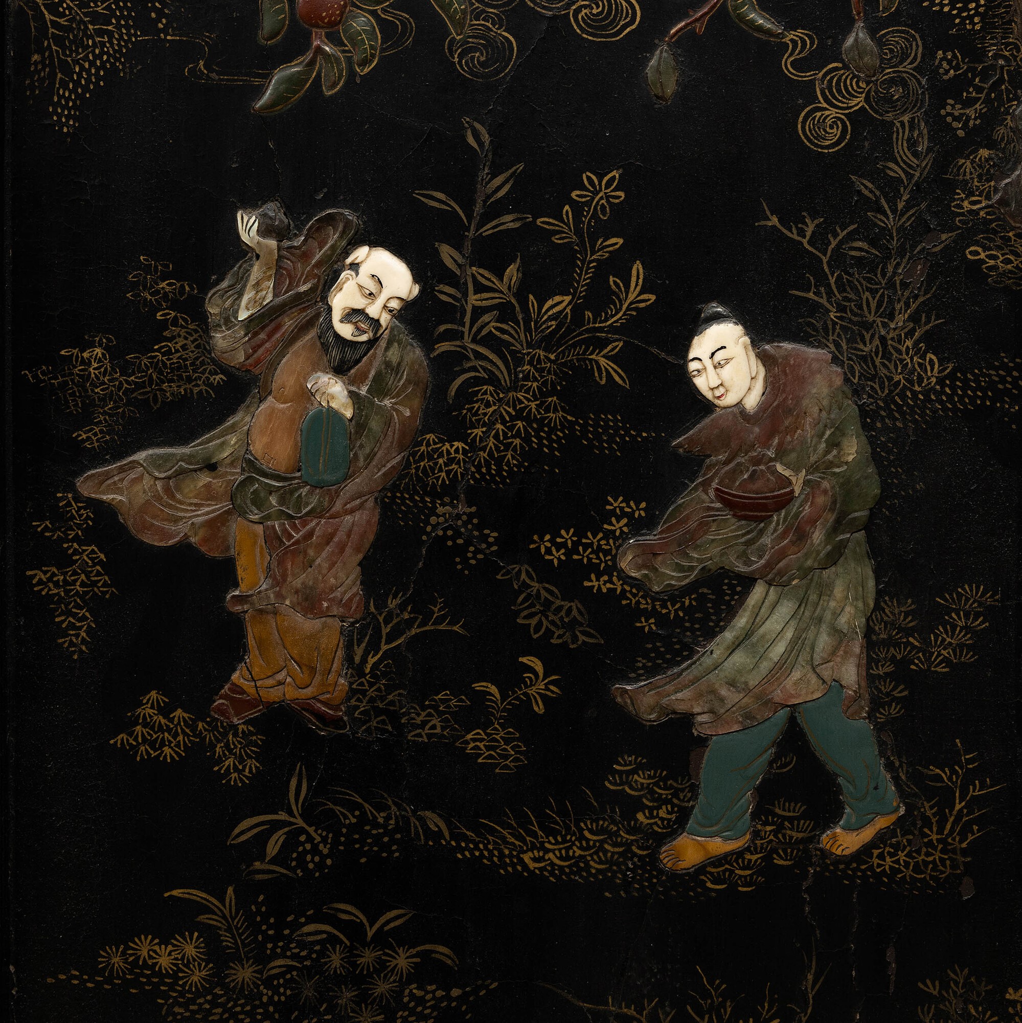 Paravento a Sei Ante a Fondo Nero in Lacca con Inserti in Pietre Dure Raffigurante Scena di Vita ...