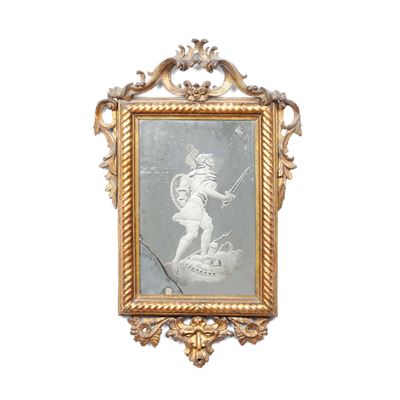 Specchio Inciso Entro Cornice in Legno Dorato. XVIII-XIX Secolo