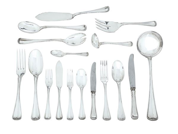 Servizio di posate. Argenteria italiana del XX secolo, marchio con fascio littorio in uso dal 195 al 1945, argentiere Ricci & C., Alessandria per Cipollina Genova