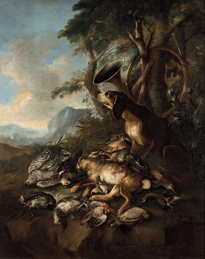 Cacciagione sorvegliata da un cane, olio su tela