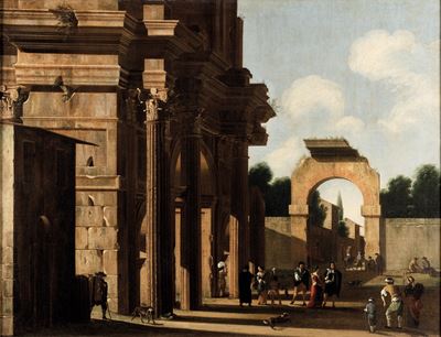 Architettura con figure, olio su tela