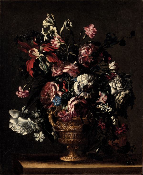Mario Nuzzi detto Mario dei Fiori - Natura morta con fiori in vaso istoriato