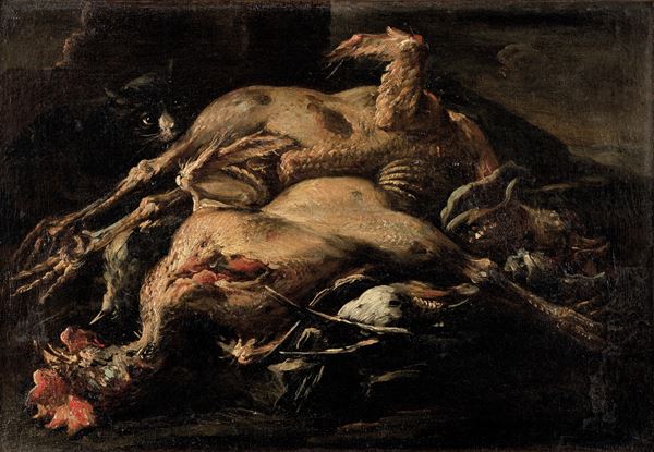 Felice Boselli - Natura morta con polli e gatto