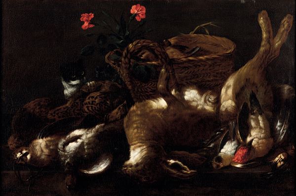 Natura morta con selvaggina, un gatto e una grande cesta con due garofani rossi