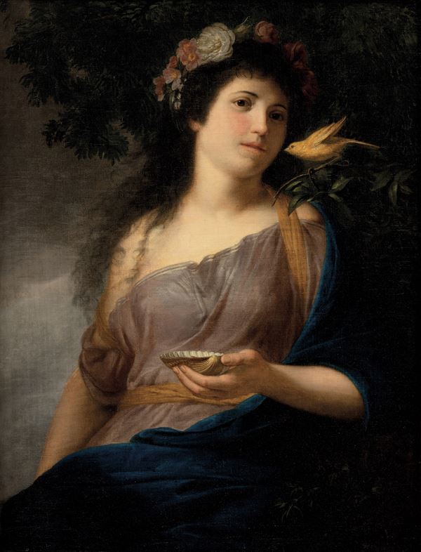 Donna con corona di fiori e canarino