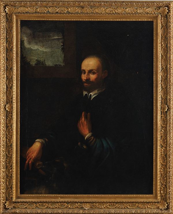 Scuola del XVII secolo Ritratto di gentiluomo con cagnolino