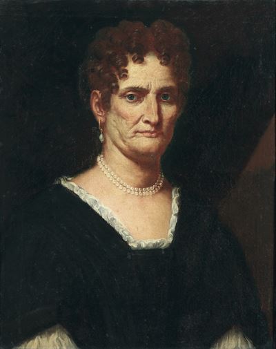 Ritratto di signora in abito scuro con perle al collo e alle orecchie, olio su tela