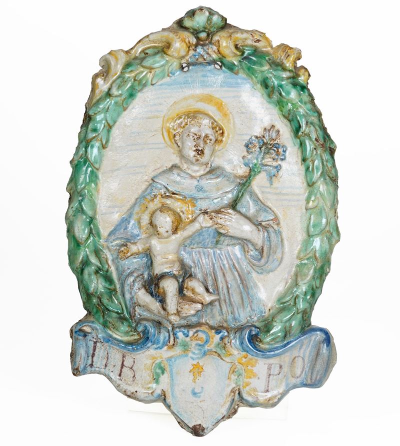 Targa devozionale con Sant'Antonio da Padova.  Emilia Romagna (?), XVIII secolo.  - Auction Ceramics and glass - Cambi Casa d'Aste