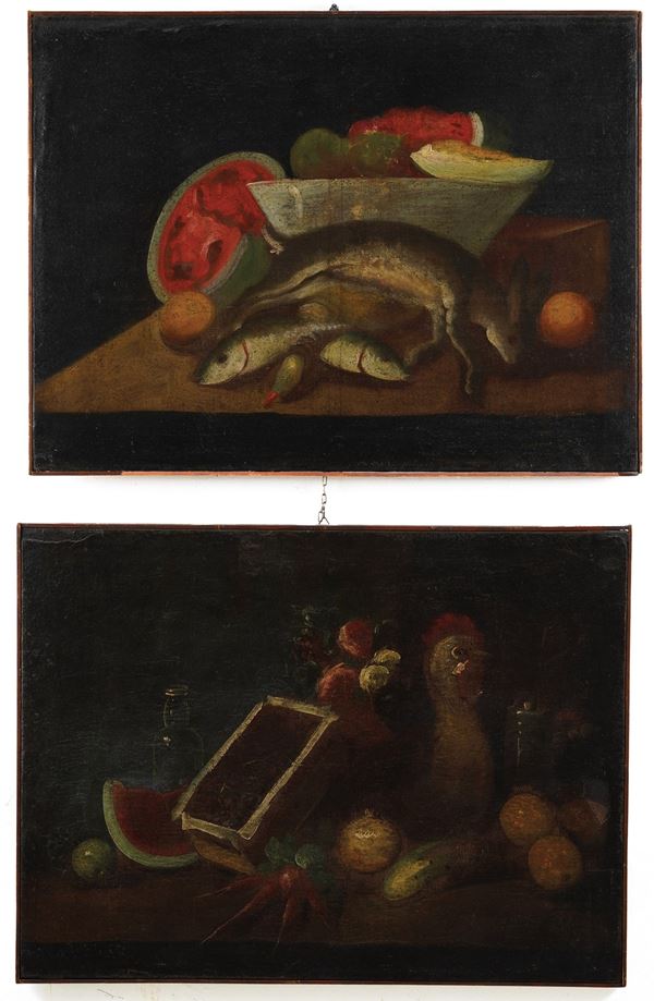 Scuola del XVIII secolo Nature morte con frutti e cacciagione