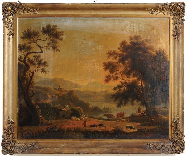 Pittore del XIX secolo Paesaggio con figure e armenti