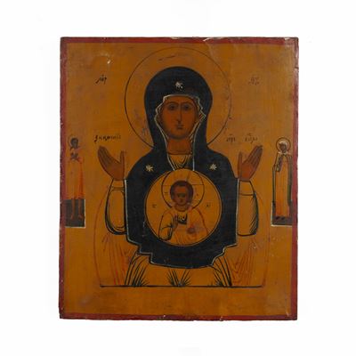 Icona a Tempera su Tavola Raffigurante Panagia Platytera (la Deipara del Segno). Russia XIX-XX Se...
