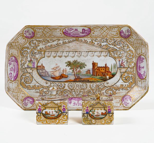Servizio da scrittoio. Meissen, XIX secolo (porcellana). Pittore indipendente, 1900 circa (decorzione).