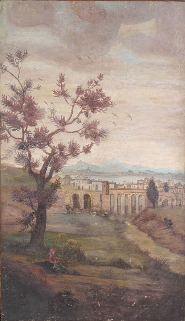 Scuola del XIX secolo Paesaggio con veduta di città e acquedotto
