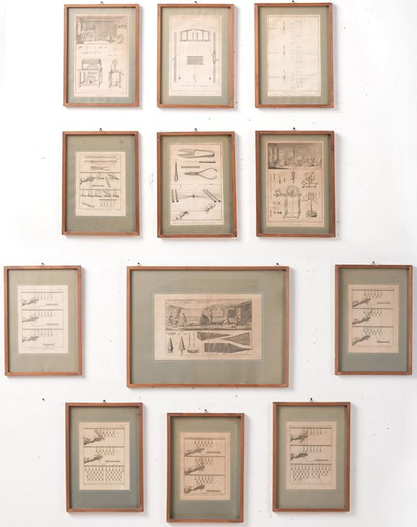 Gruppo di incisioni raffiguranti lavori e attrezzi riguardanti la tessitura