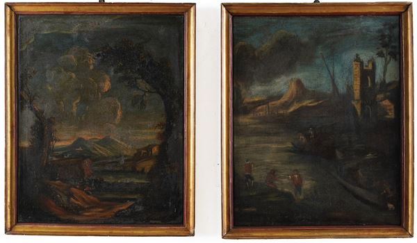 Scuola del XVIII/XIX secolo Paesaggi con figure e architetture