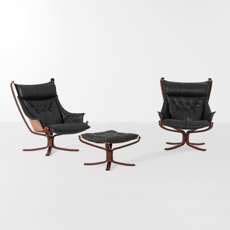 Sigurd Ressell : Due poltrone mod. Viking con un poggiapiedi  - Asta Design LAB - Cambi Casa d'Aste