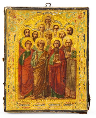 Icona Tempera su Tavola Raffigurante i Dodici Apostoli. Russia XIX Secolo