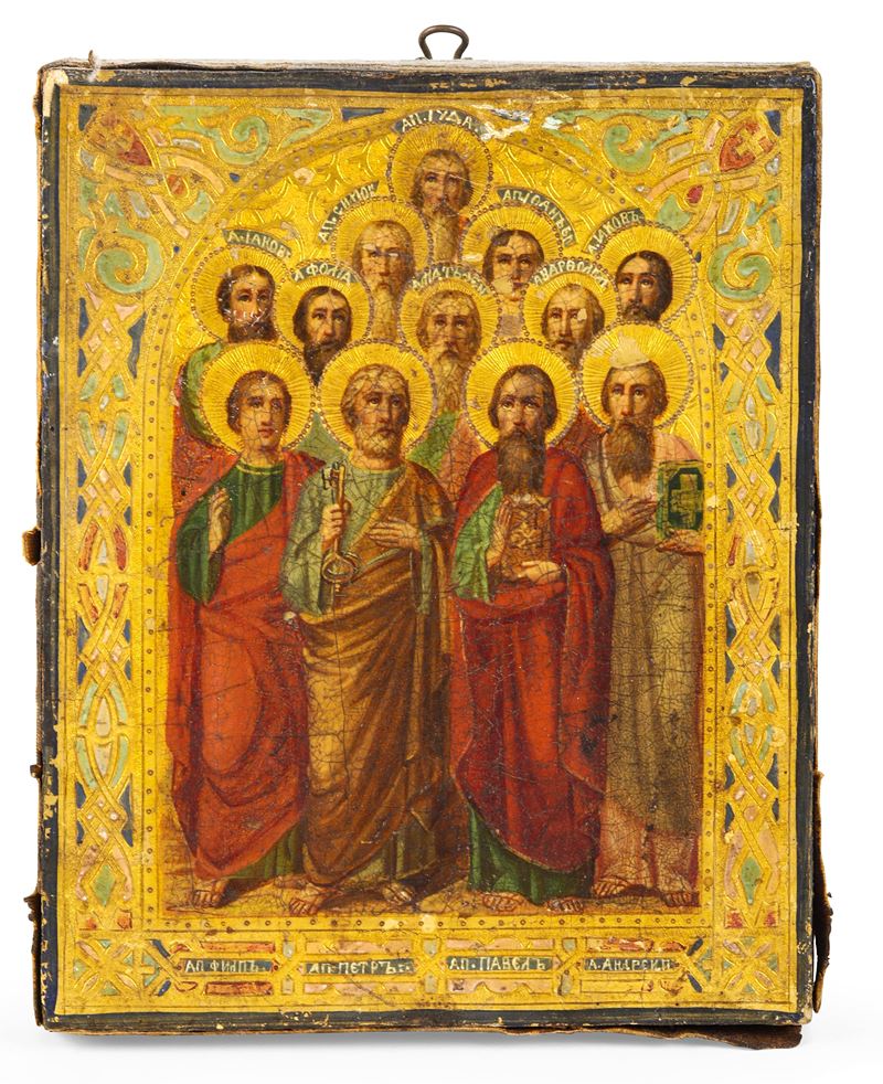 Icona tempera su tavola raffigurante i Dodici Apostoli. Russia XIX secolo  - Auction Collectors' Silvers | 18th-19th century - I - Cambi Casa d'Aste