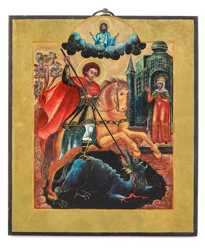 Icona Tempera su Tavola Raffigurante San Giorgio e il Drago. Russia XIX-XX Secolo