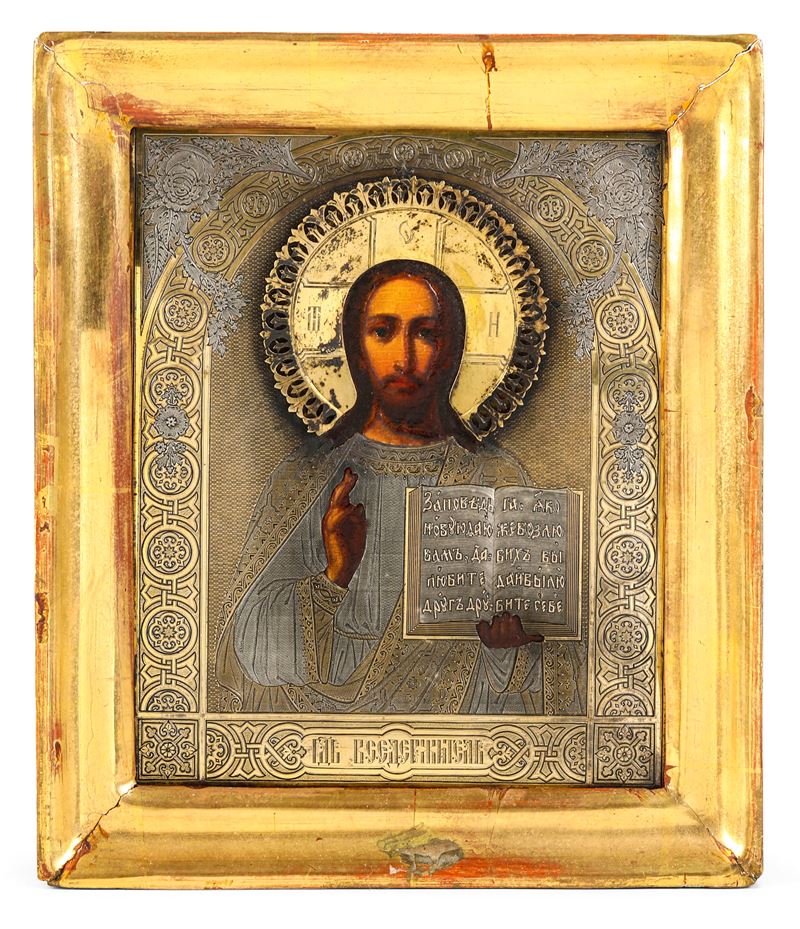 Icona tempera su tavola raffigurante Cristo Pantocratore. Russia XIX-XX secolo  - Asta Argenti da Collezione | Antichi - I - Cambi Casa d'Aste
