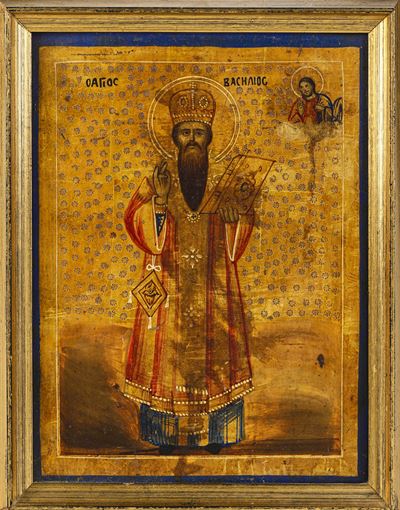 Icona a Tempera su Tavola a Fondo Oro Raffigurante San Basilio il Grande. Russia (?) XIX Secolo