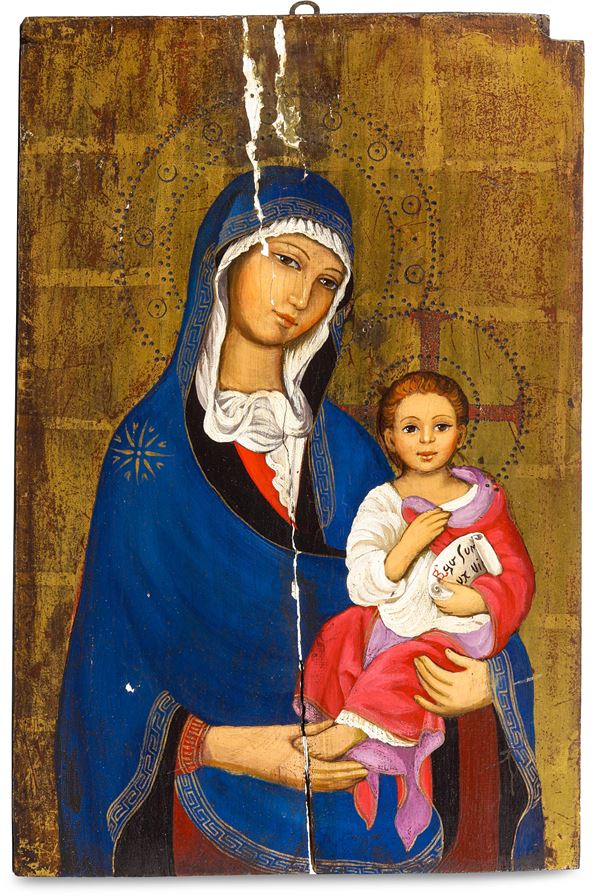 Icona a tempera su tavola a fondo oro raffigurante Deipara con Bambino. Europa orientale XIX secolo