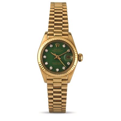 Datejust Lady Ref 6917 con Raro Quadrante Stella Verde Indici in Diamanti, Bracciale President