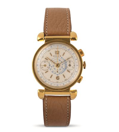 Cronografo Antimagnetico Ref 3082 in Oro Giallo 18k con Anse Snodate e Tasti a Oliva, Due Contato...