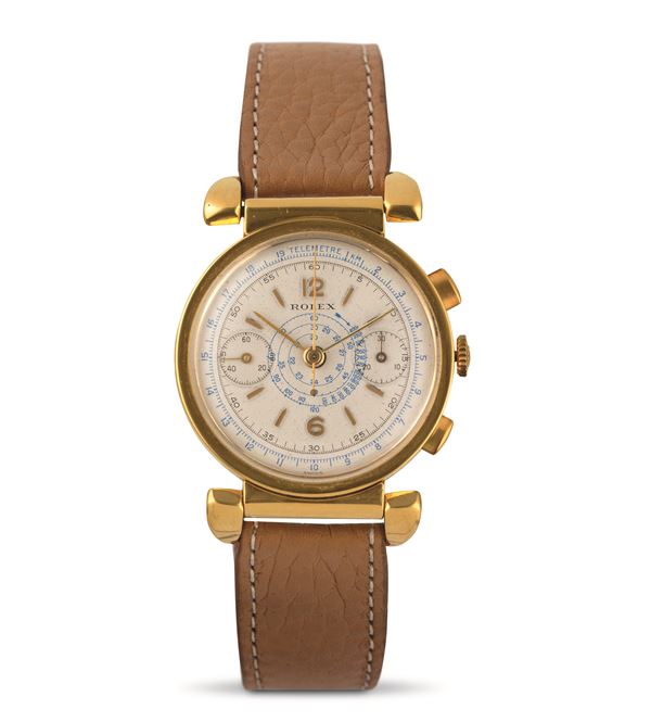 Rolex - Antimagnetic chronograph ref 3082 in 18k yellow gold with jointed lugs and olive keys, two counters and snailed tachymeter scale