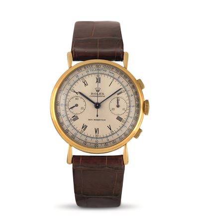 Cronografo Antimagnetico "cassa Moneta" Ref 4062 in Oro Giallo 18k Due Contatori Quadrante Argent...